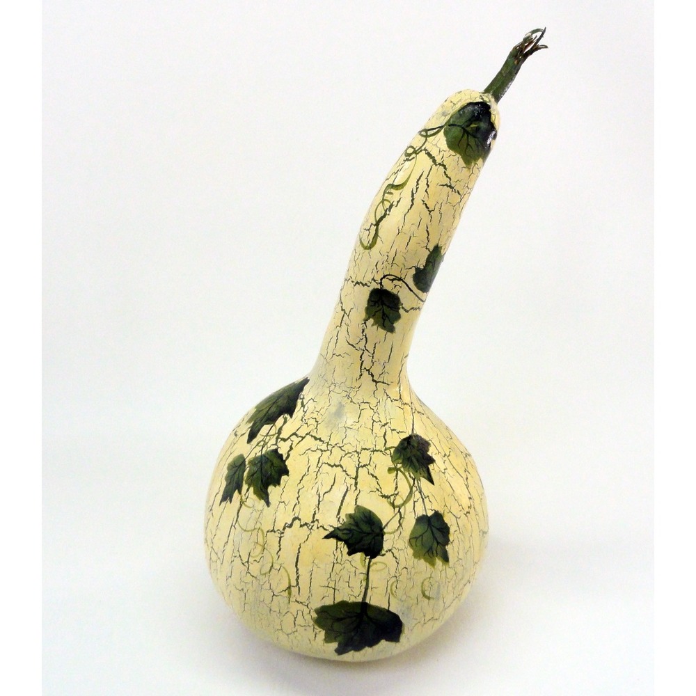 Hand Painted Dried Gourd Long Neck Crackle Finish Green Ivy Vine Decor Rattle - Picture 8 of 11